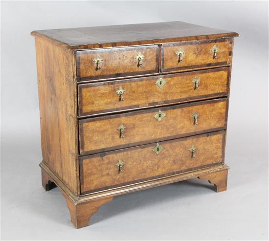 An early 18th century crossbanded burr walnut and mulberry chest, W.3ft 1.5in. D.1ft 9.5in H.3ft